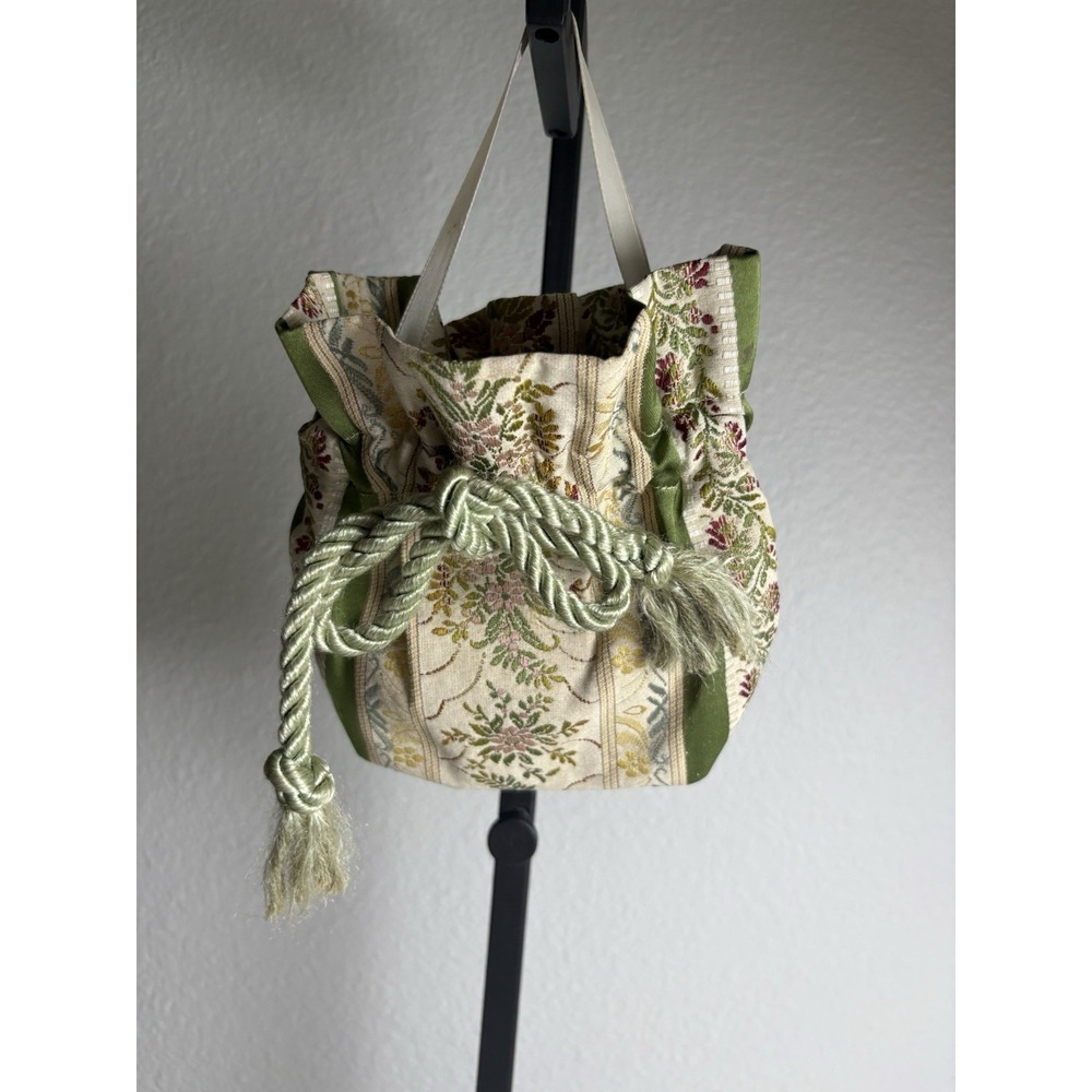 Vintage Floral Brocade Tapestry Drawstring Pouch Purse Sage Green Tassel Bag